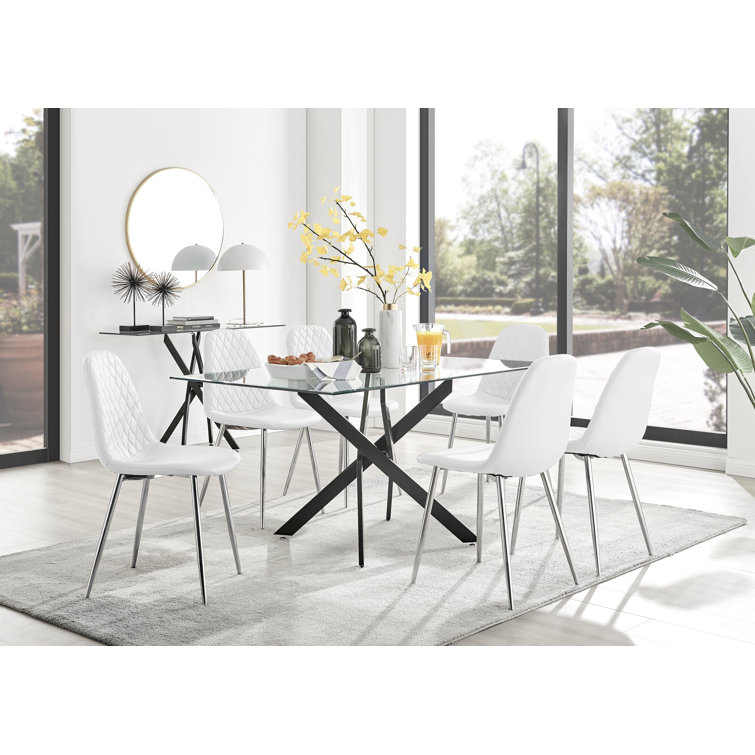 Canora Grey Lenworth Modern Black Metal and Glass Dining Table Set x6